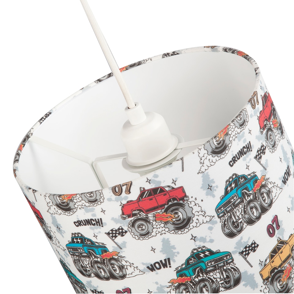 image 1 of Modern and Colourful Monster Trucks Kids Cotton Fabric Drum Lamp Shade - 25cm | Multi | 10"