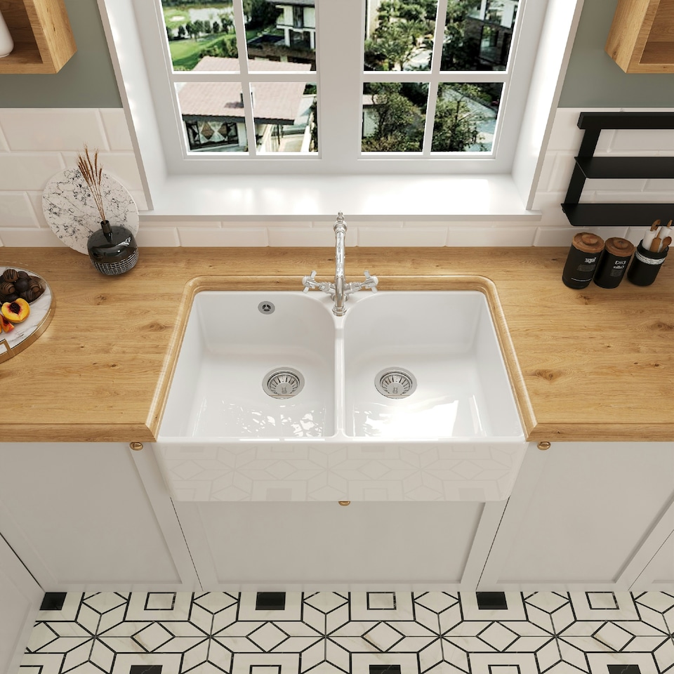 image 1 of Fireclay Kitchen Sink - 795mm Double Bowl Butler with Stepped Weir, Classic Tap and Wastes - Kitchen Bundle Set by Balterley