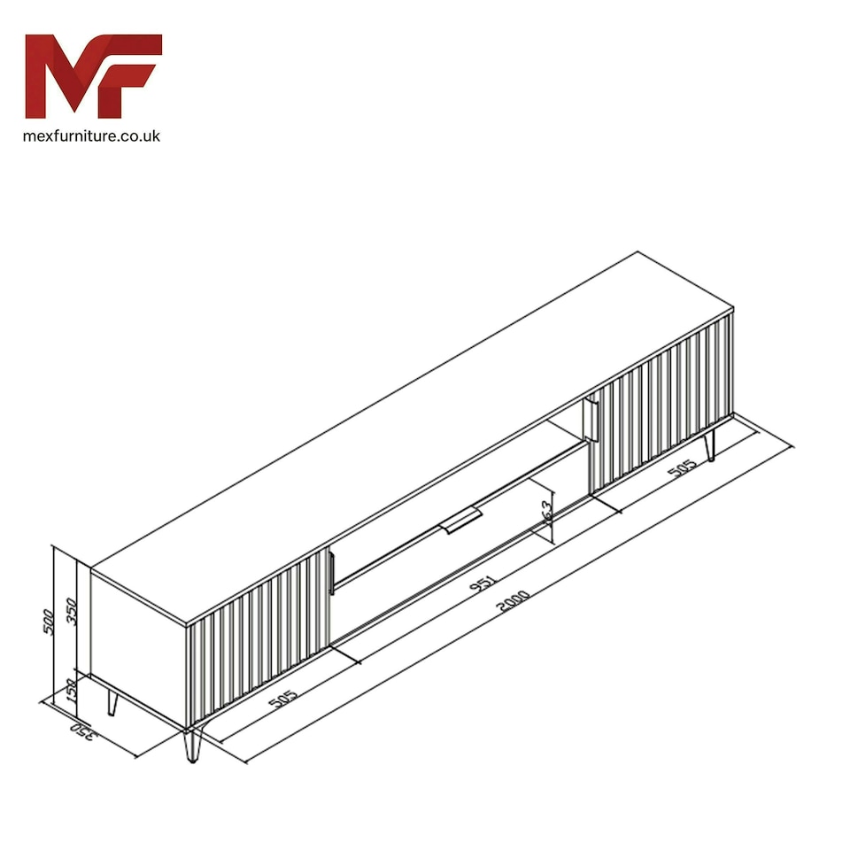 image 1 of TV Unit 200cm Grey with Fluted Doors, Gold Handles and Central Drawer | Grey | One Size | 1