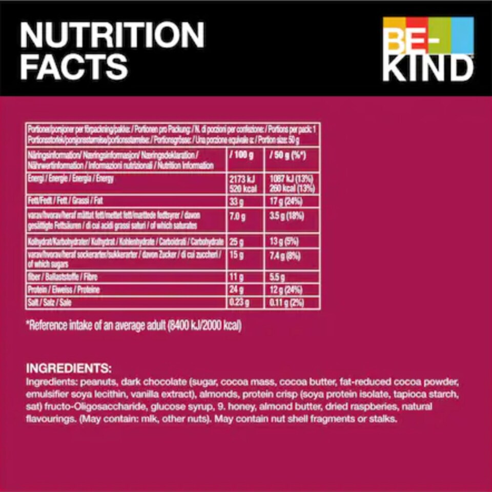image 1 of KIND Protein Bars, Gluten Free Snack, Dark Chocolate Raspberry, High Fibre, Source of Protein, No Artificial Colours, Flavours or Preservatives, 24 x 50g