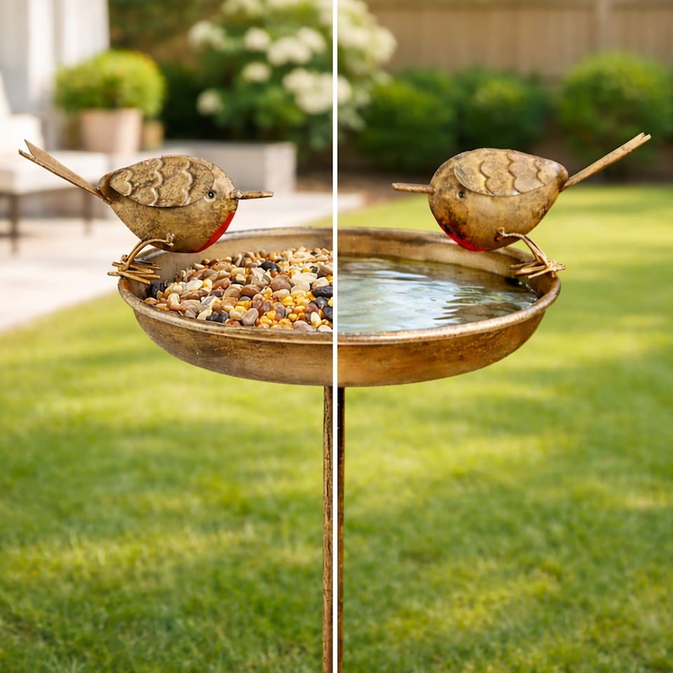 image 1 of Marco Paul Metal Garden Bird Bath & Bird Feeder on Stake with Decorative Robin Design 81cm