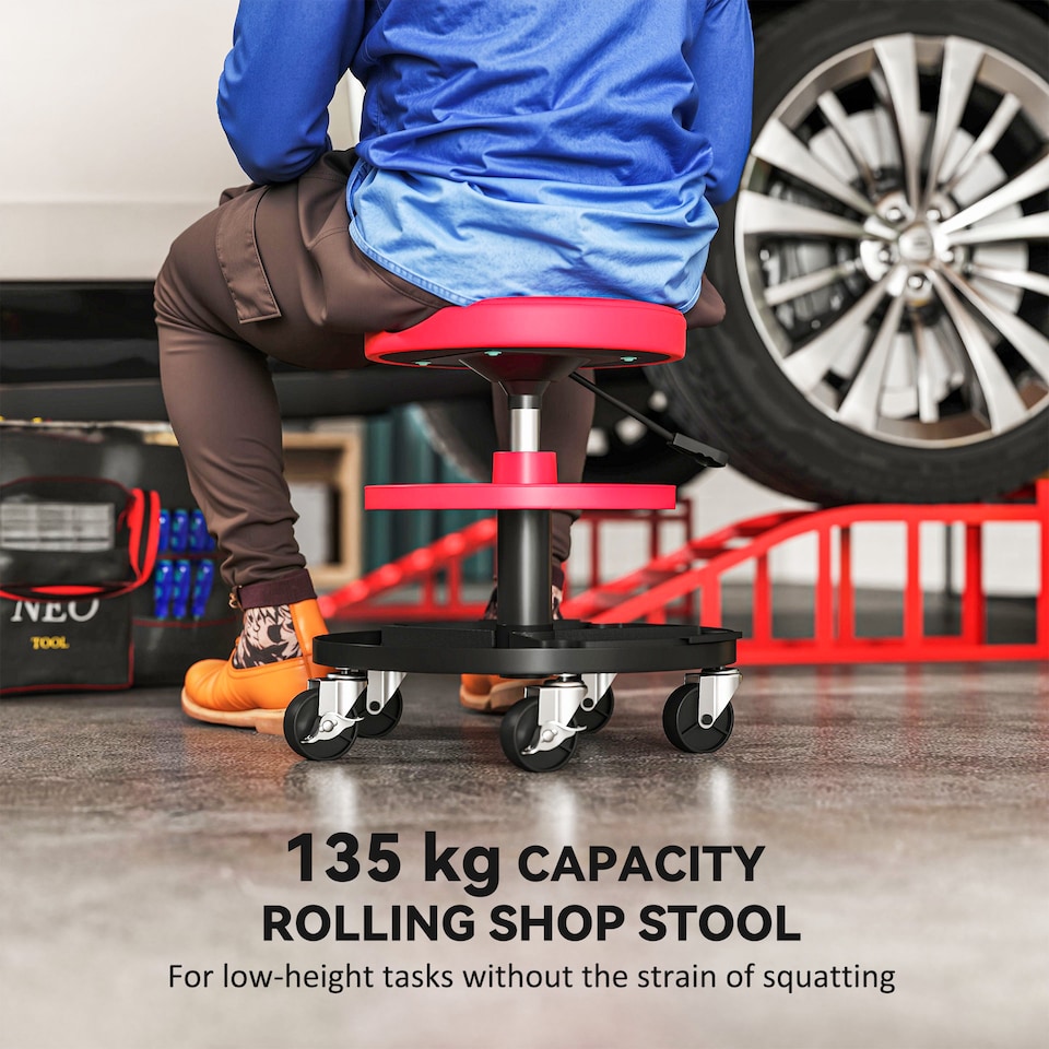 image 1 of HOMCOM Rolling Mechanic Stool, 135kg Capacity Workshop Stool, 360° Swivel Roller Padded Creeper Seat with Wheels, Tool Trays Storage for Garage, Shop, Auto Repair, Red