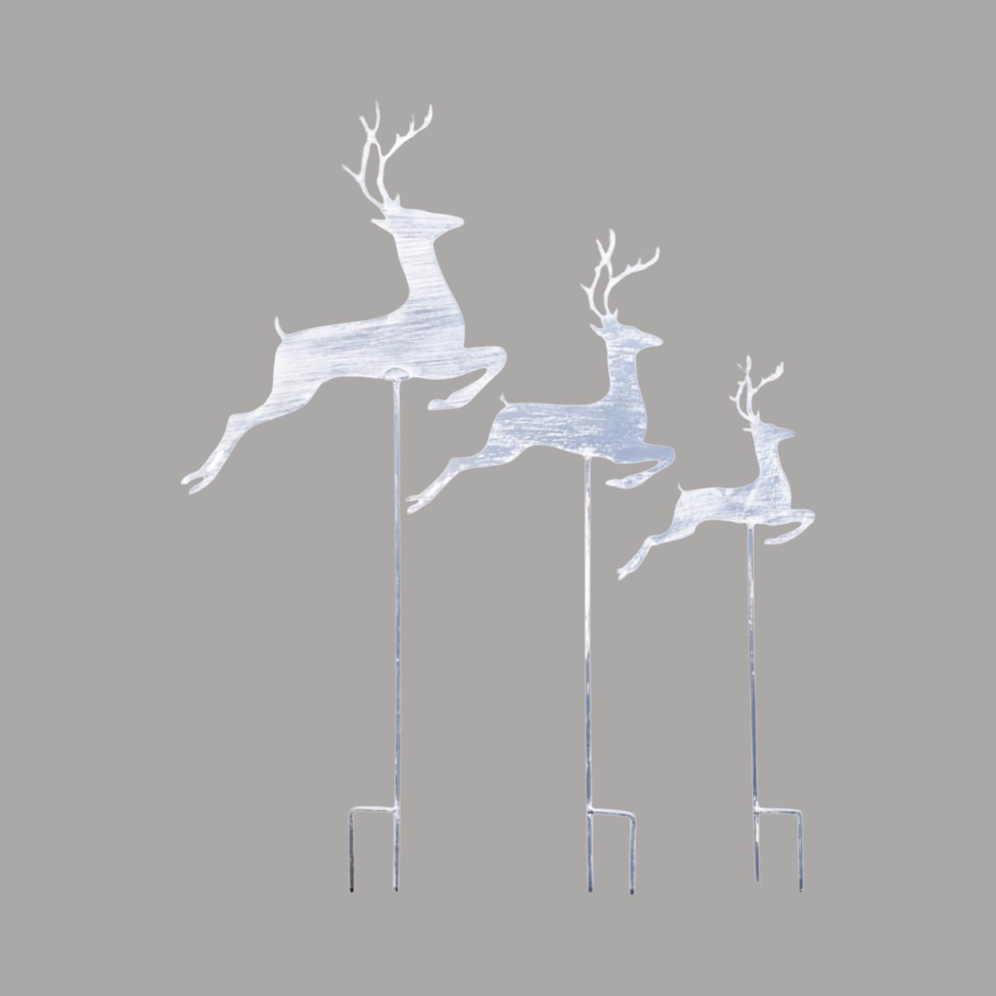 Four Candle S/3 Greywash Metal Reindeers on Stake in Grey