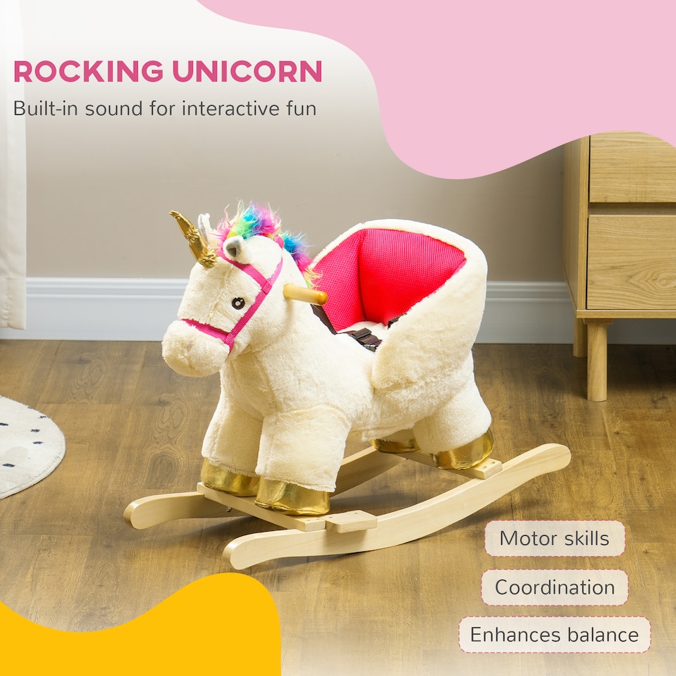 image 1 of AIYAPLAY Rocking Horse, Unicorn Rocking Horse with Realistic Sounds, Safety Belt, Wooden Base, Plush Ride on Unicorn, for Ages 18-36 Months, Cream White