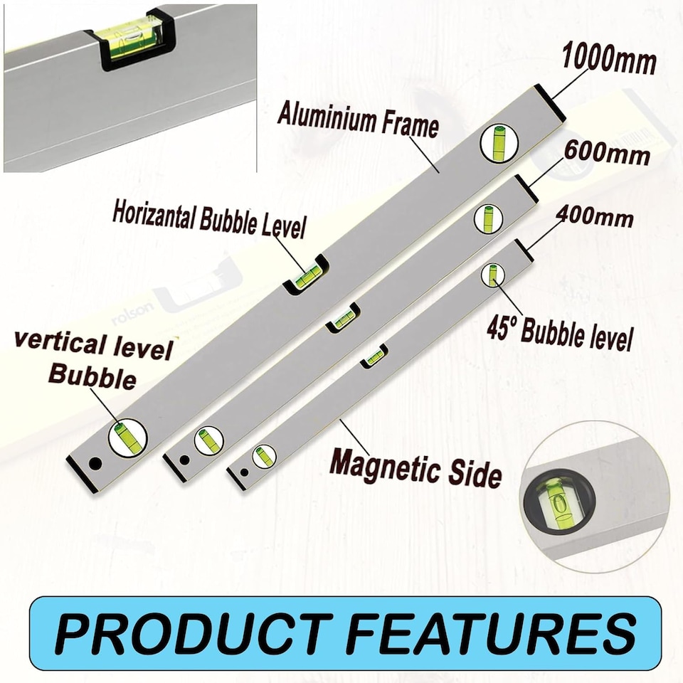 image 1 of Spirit Level Set 3 Pcs High Accuracy Spirit Level Lightweight 400 600 and 1000MM DIY Build 3 Bubble Level