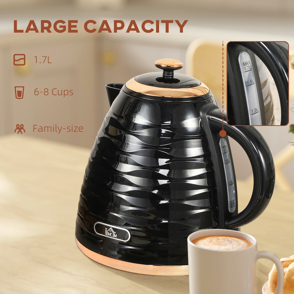 image 1 of HOMCOM Electric Kettle 1.7L, Fast Boil, 3kW Cordless Water Kettle with Removable Washable Anti-scale Filter, UK Otter Thermostat, Auto Shut-off, 360degree Swivel, BPA Free, Black Water Ripple Texture