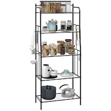 HOMCOM 5-Tier Kitchen Storage Unit, Microwave Stand with 5 Mesh Open Shelves and 4 Hooks, Modern Coffee Bar Station with Steel Frame for Living Room, Black