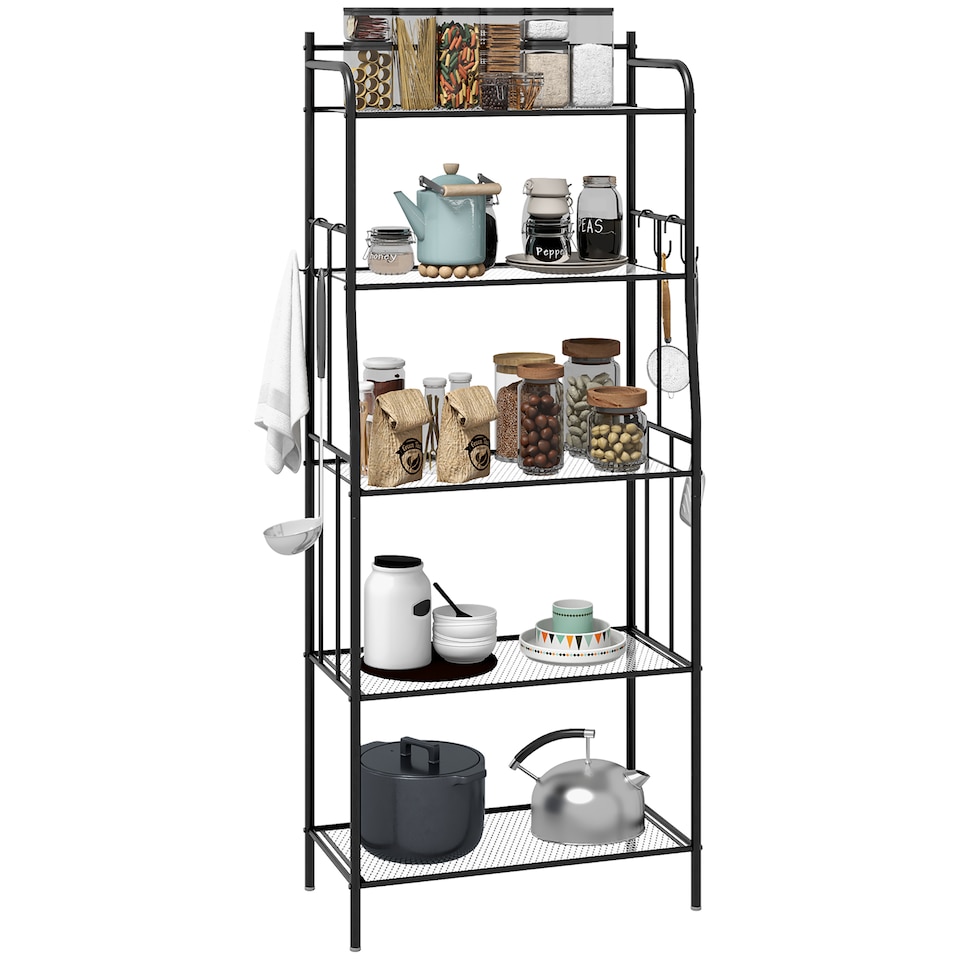 image 1 of HOMCOM 5-Tier Kitchen Storage Unit, Microwave Stand with 5 Mesh Open Shelves and 4 Hooks, Modern Coffee Bar Station with Steel Frame for Living Room, Black