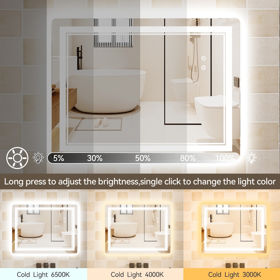image 1 of Rattantree LED Bathroom Mirror Wall Mounted Anti Fog Dimmable 50 x 70cm