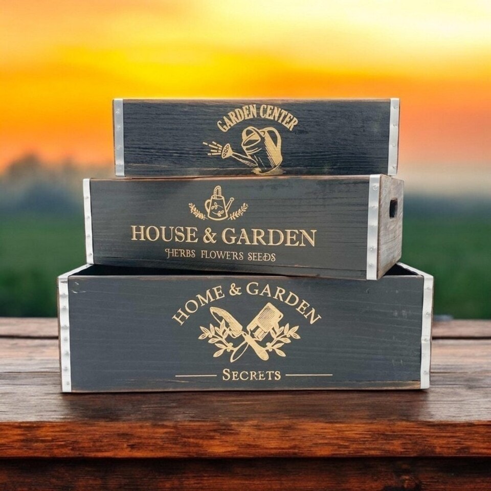 image 1 of Rustic Vintage Garden Display Planters (Set of 3) - Wood - Black Black