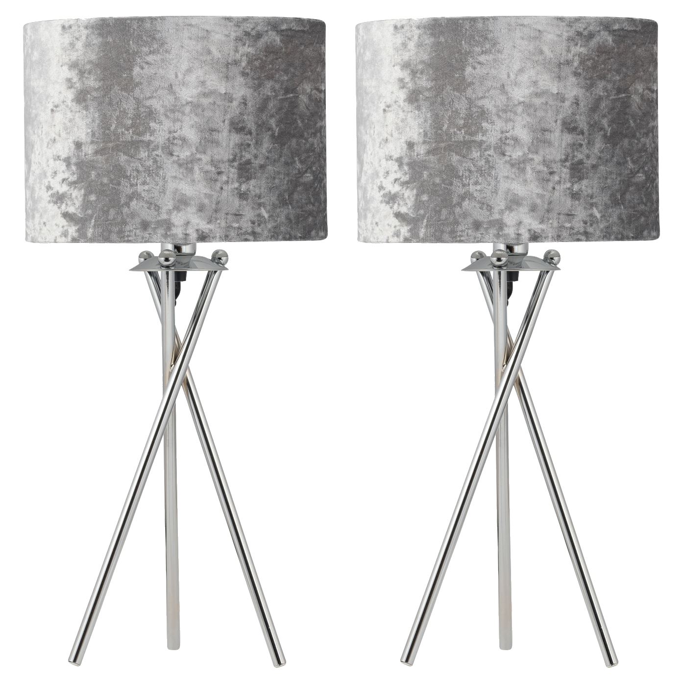 First Choice Lighting Set of 2 Chrome Tripod Table Lamps with Grey Crushed Velvet Shades in Silver