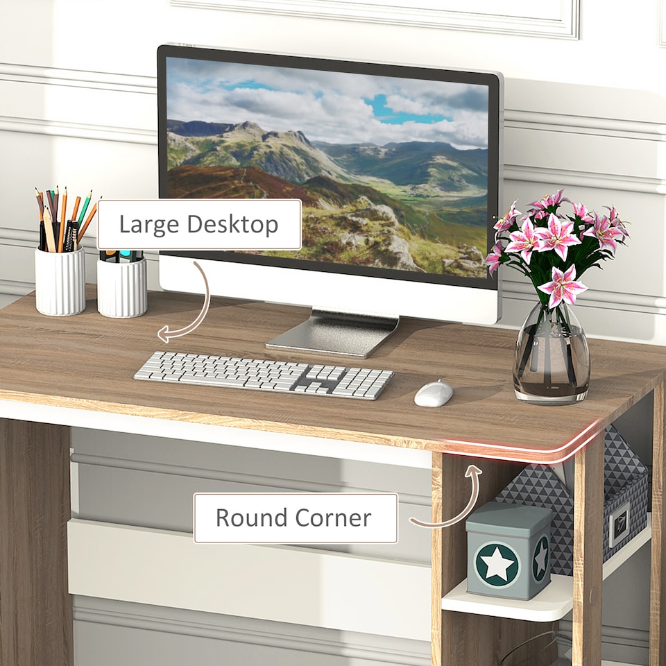 image 1 of HOMCOM Computer Desk, Writing Desk with 3-Tier Storage Shelf, Work Table for Home Office, Study, Living Room, Oak and White