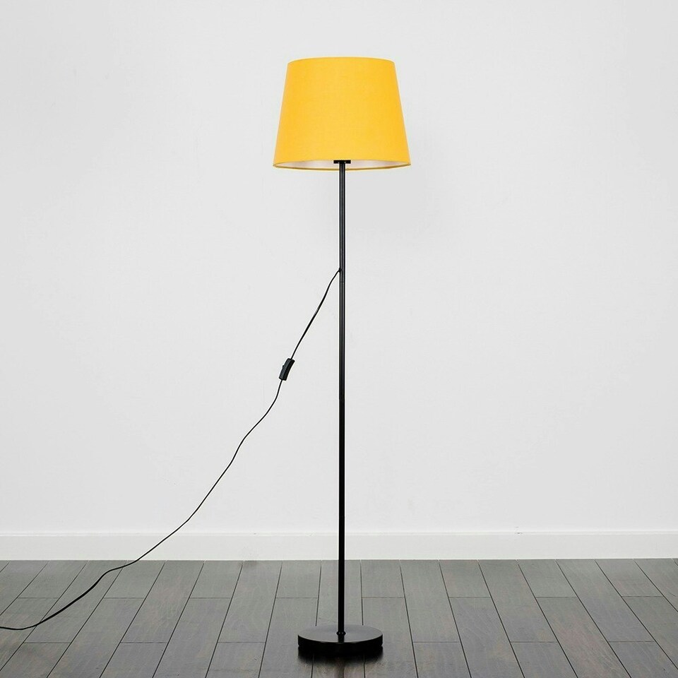 image 1 of ValueLights Standard Floor Lamp In Black Metal Finish With Large Mustard Tapered Light Shade With 6w LED GLS Bulb In Warm White