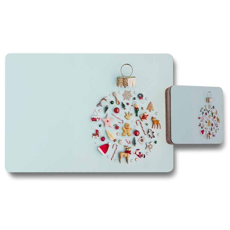 christmas objects laid out placemat coaster set | Multi