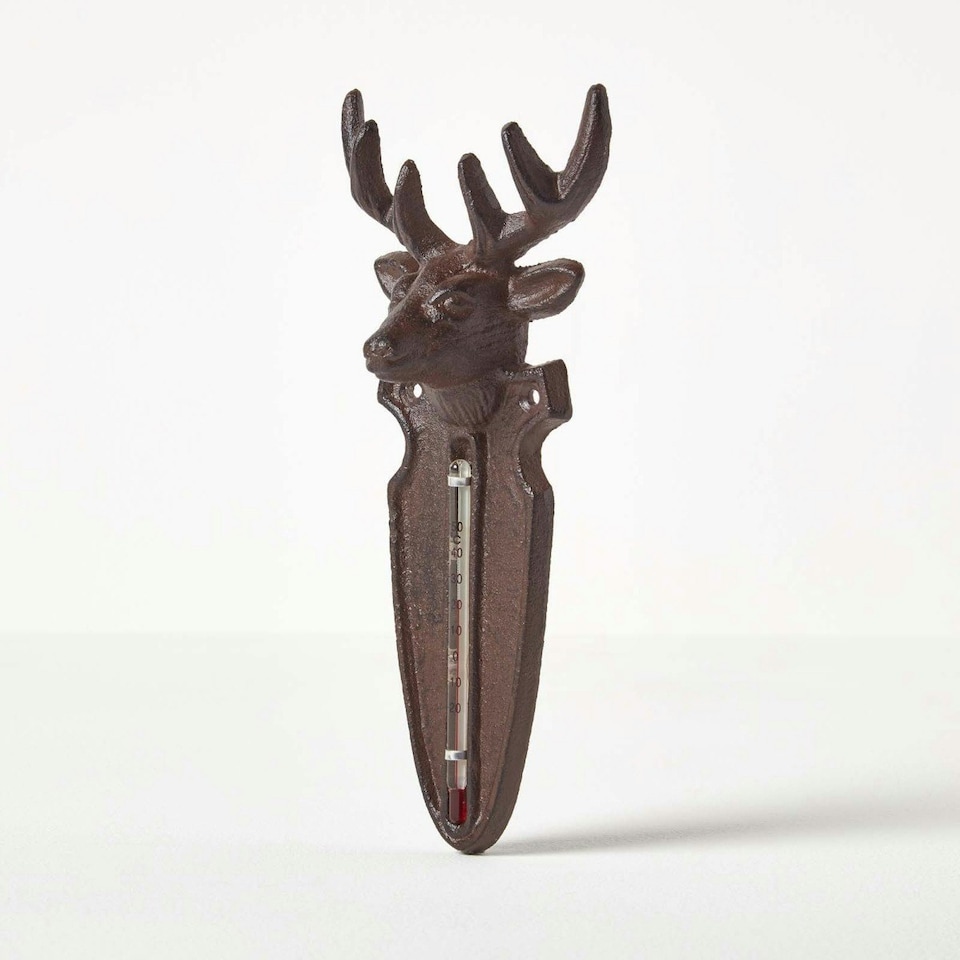 image 1 of Homescapes Brown Wall Mounted Cast Iron Stag Garden Thermometer
