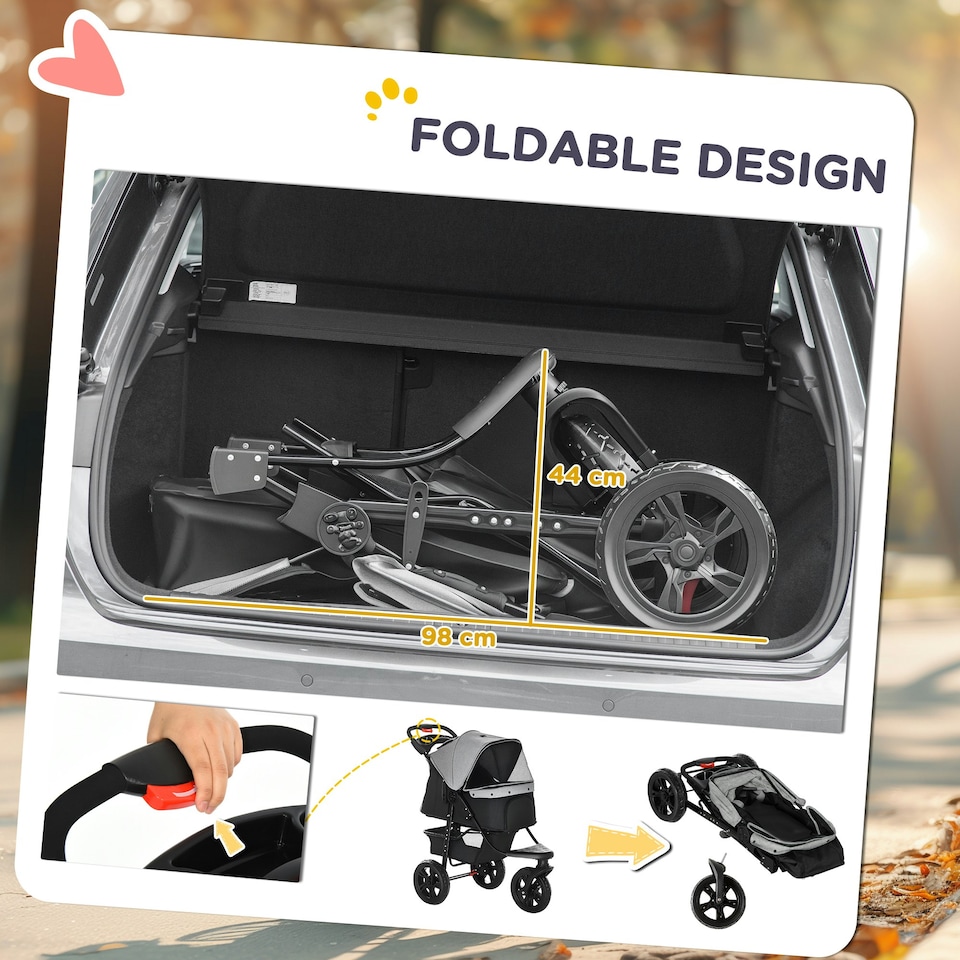 image 1 of PawHut Folding 3 Wheel Pet Stroller Travel Adjustable Canopy Storage Brake Grey