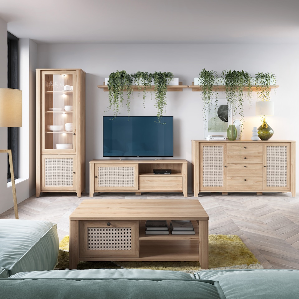 image 1 of Cestino Coffee Table with 1 Drawer in Jackson Hickory Oak and Rattan Effect