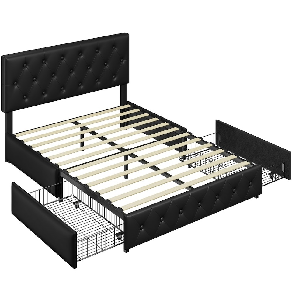 image 1 of Yaheetech 135 cm W x 190 cm L Bed Frame with Adjustable Headboard and 2 Drawers Black