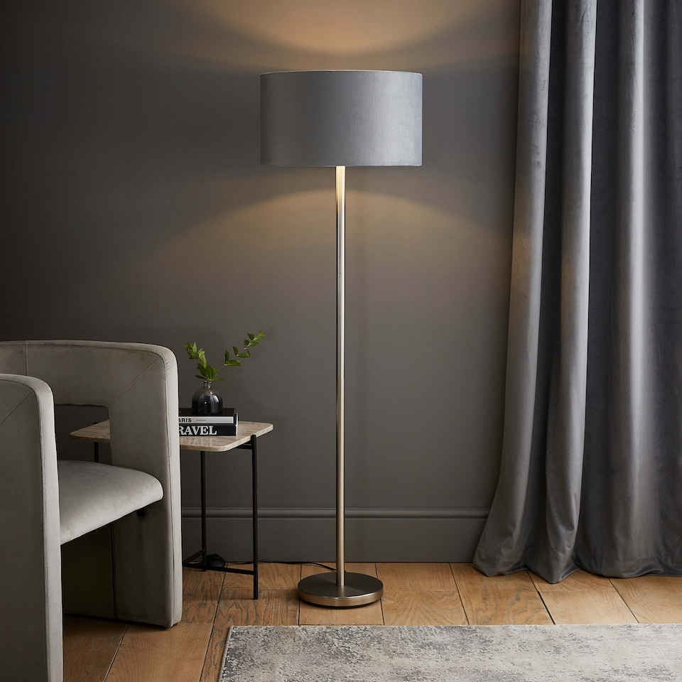image 1 of ValueLights Charlie Brushed Chrome Floor Lamp Grey Velvet Chrome Shade