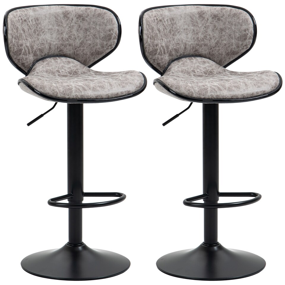image 1 of HOMCOM Bar Stool Set of 2 Microfiber Cloth Adjustable Height Armless Chairs with Swivel Seat, Grey