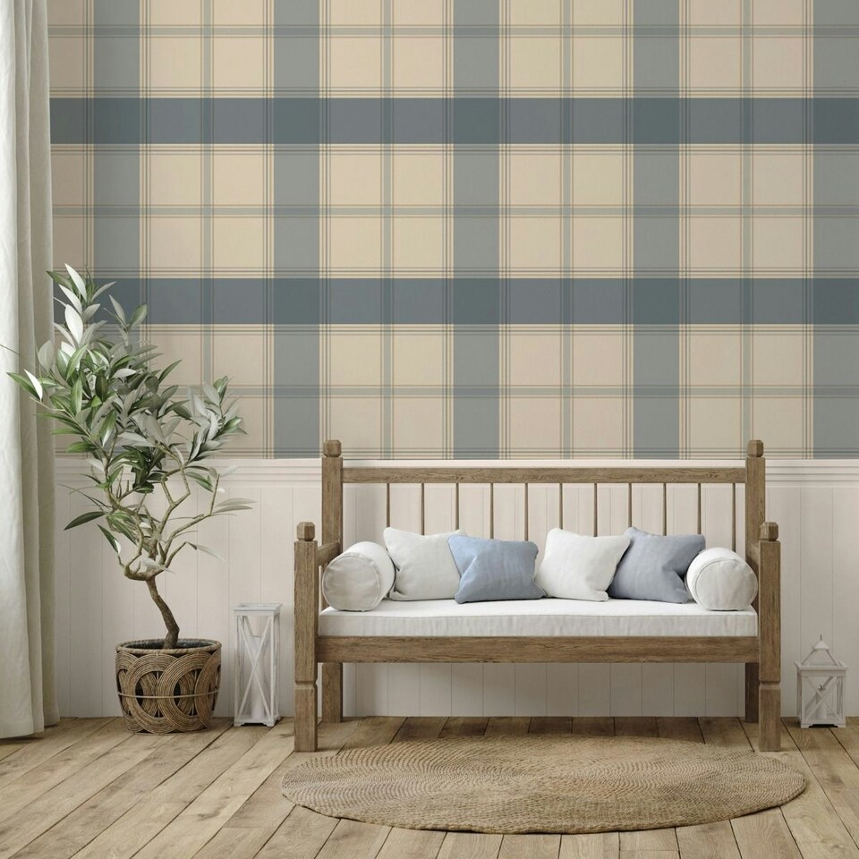 image 1 of Belgravia Bramble Checked Wallpaper - Blue - 10m x 0.5m Blue