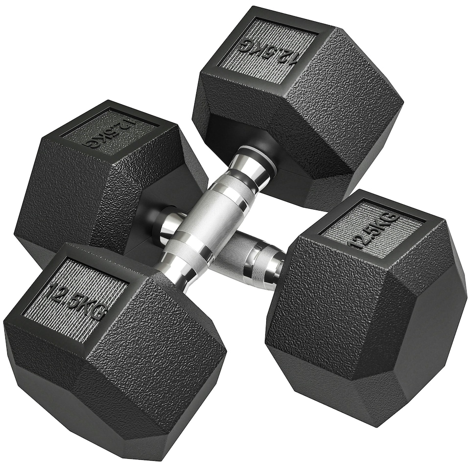 image 1 of HOMCOM 2x12.5KG Rubber Hex Dumbbell Portable Hand Weights for Home Gym