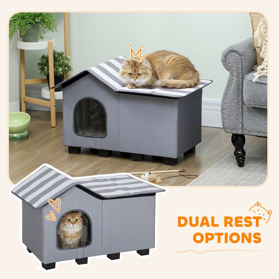 image 1 of PawHut Outdoor Cat House, Weatherproof Feral Cat Cave with Elevated Base and Cushion for Winter, Pet House with Top Platform for Indoor Outdoor, Grey