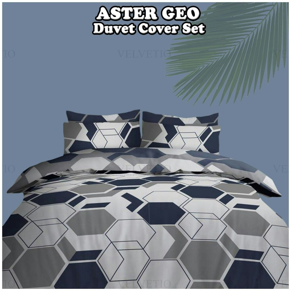 image 1 of VELVETIO Aster Geo Complete Duvet Cover Set with Fitted Sheet Breathable Bedding Quilt Blue | Single