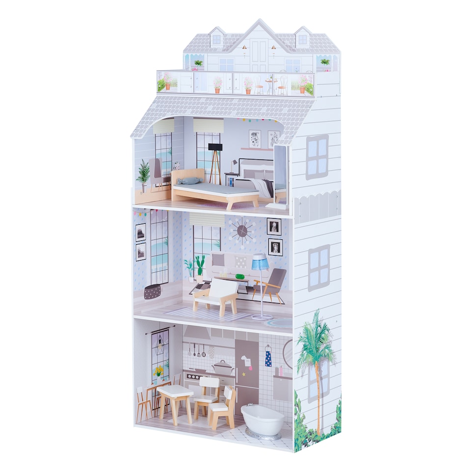 image 1 of Teamson Kids 3-Story Dollhouse with 8 Furnishings, Grey, Dreamland Penthouse