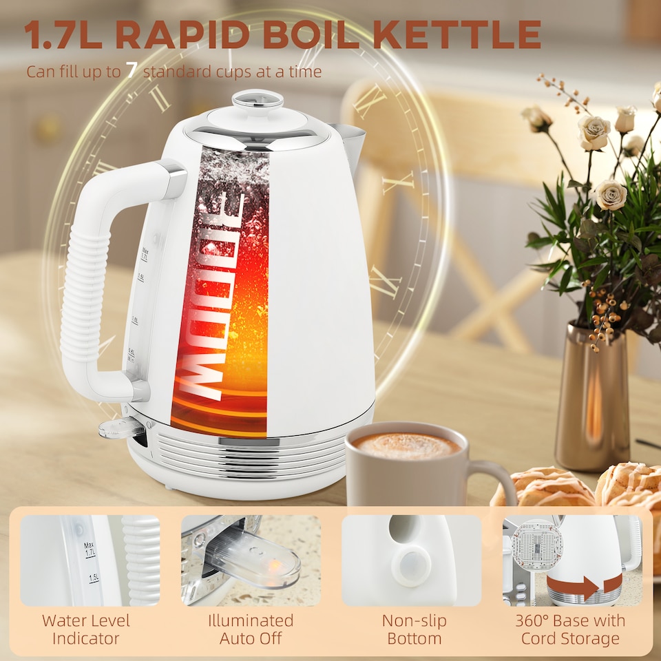 image 1 of HOMCOM Stainless Steel Kettle and Toaster Set, 1.7L 3000W Rapid Boil Jug Kettle with UK Strix Thermostat, Limescale Filter, 4 Slice Toaster with 7 Browning Controls, Crumb Tray, White and Silver Tone