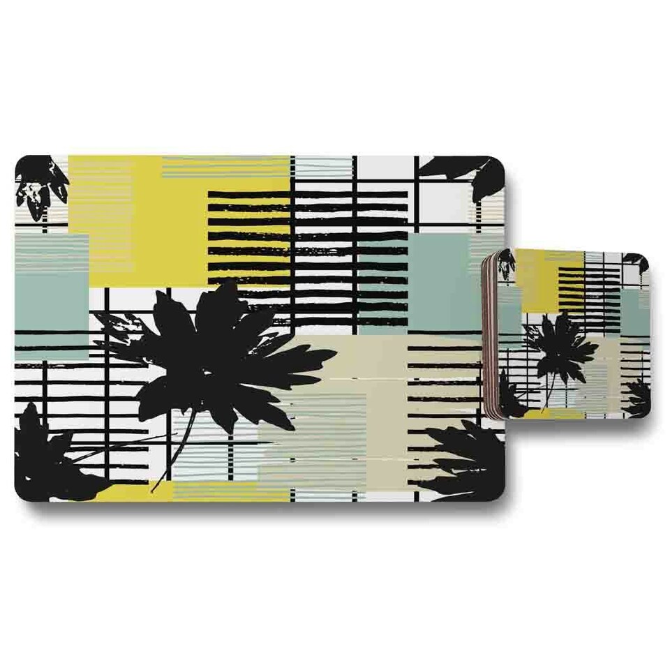 image 1 of Geometric Shape & Leaf Print in Yellow & Green (Placemat & Coaster Set)