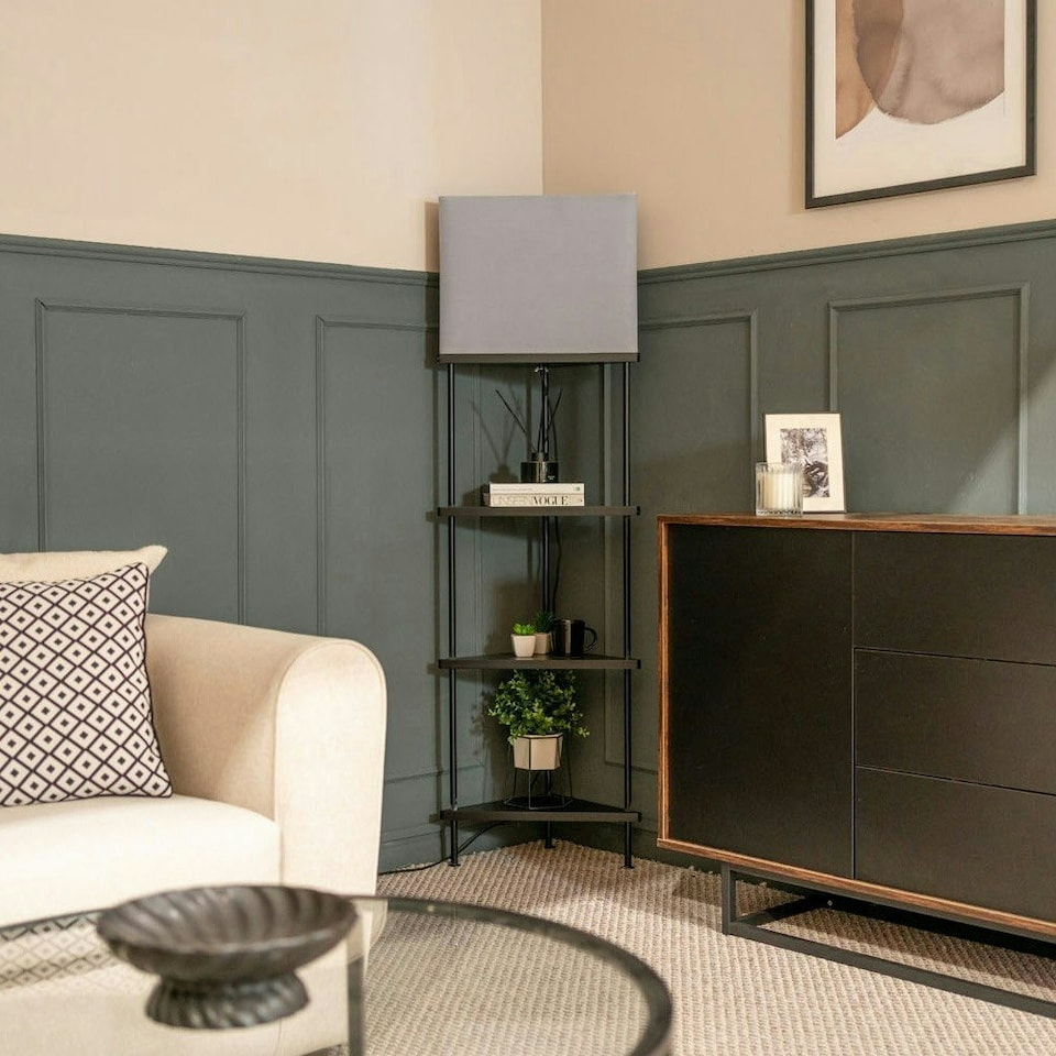 image 1 of ValueLights Taska Black Wooden 3 Tier Corner Floor Lamp with Grey Shade and Storage Shelves Black
