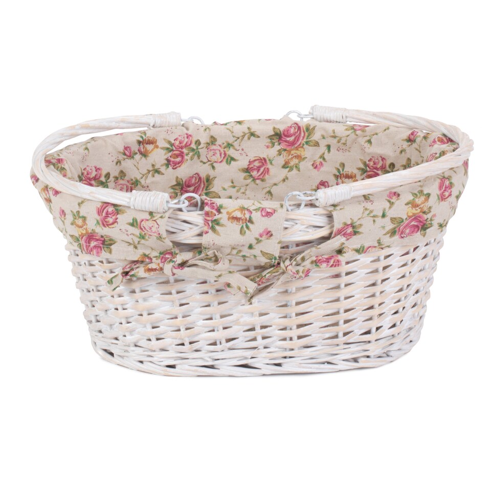 image 1 of Medium White Swing Handle Wicker Shopper with Garden Rose Lining | Multi | Garden Rose