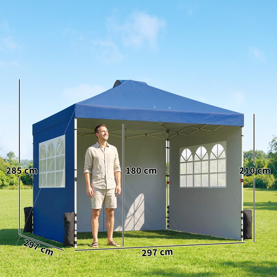 image 1 of Outsunny Pop Up Canopy Waterproof Height Adjustable 3 x 3 (m) | Blue | Medium Grey | 297 x 297 x 285 cm