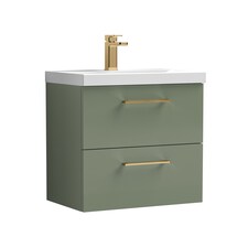 600mm Wall Hung 2 Drawer Vanity Basin Unit, Green, Pewter Handles | Green | Satin Green | 579 x 610 x 390mm