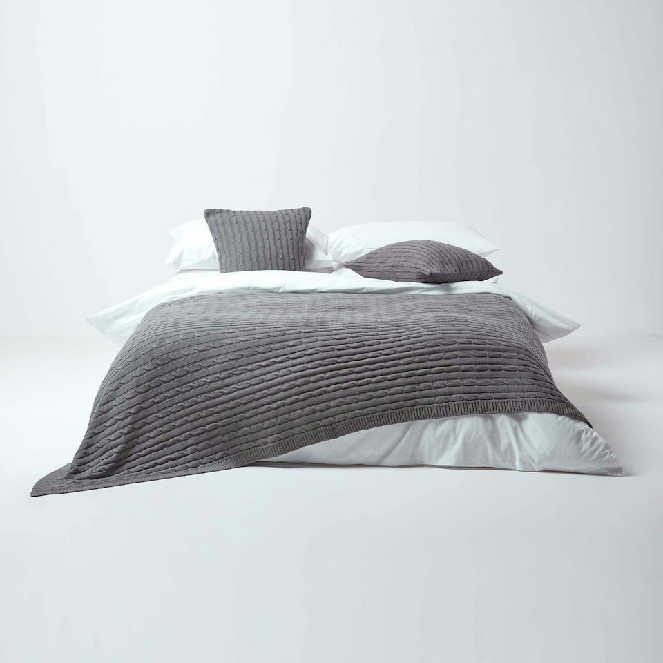 image 1 of Homescapes Cotton Cable Knit Grey Cushion Cover - 45 x 45 cm | Grey | Grey | 45 x 45 cm
