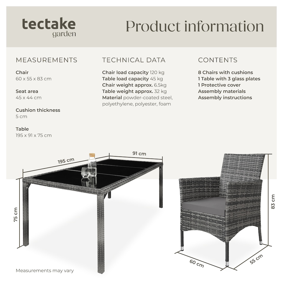 image 1 of Garden Furniture Set Almansa - 8 chairs, dining table, with protective cover | Grey | mottled grey/grey | 60 x 55 x 83 cm | 1