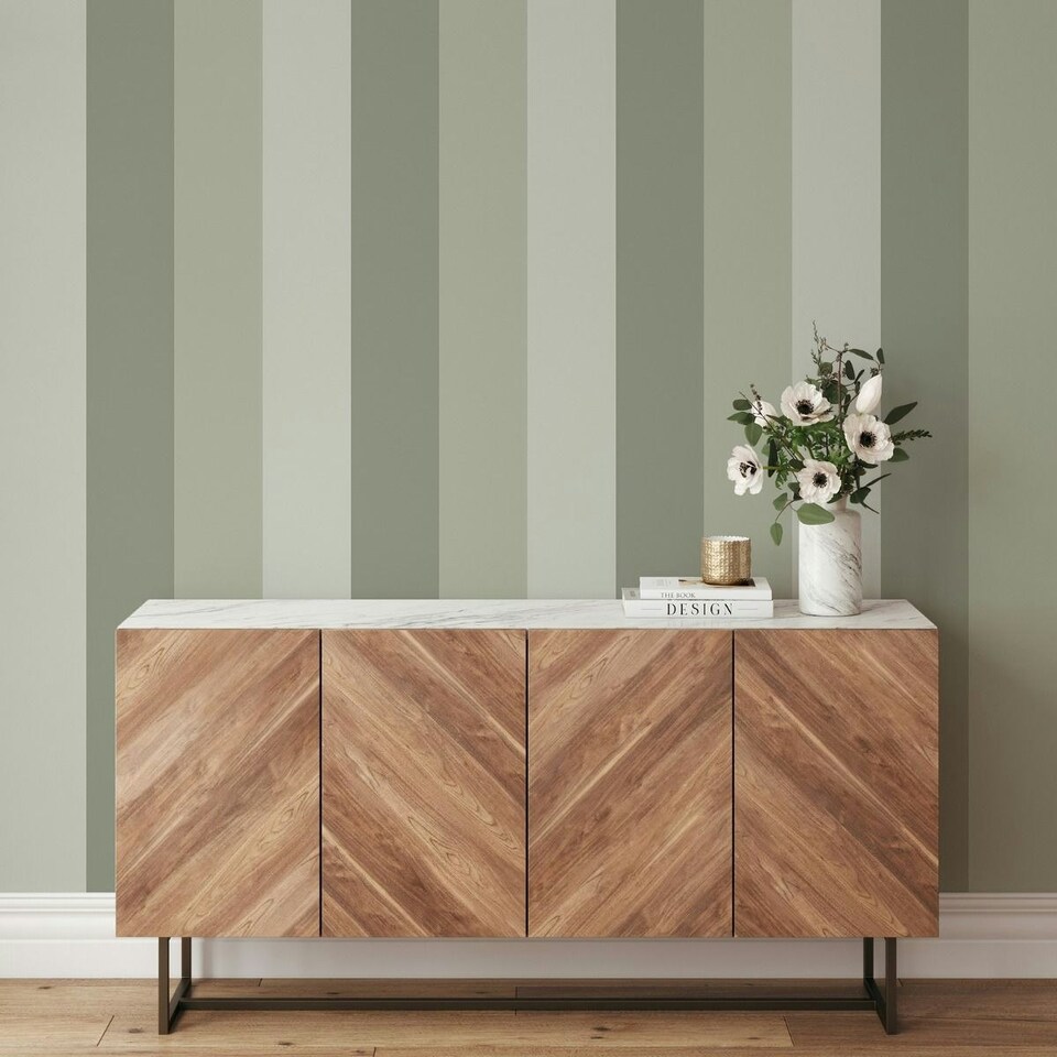 image 1 of World of Wallpaper Stripe Textured Wallpaper - Soft Green/Sage/Olive - 10m x 53cm Green