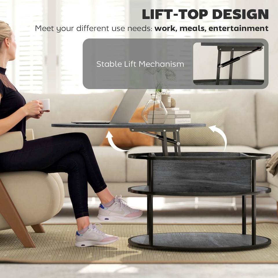 image 1 of HOMCOM Lift Top Coffee Table, Round Coffee Table with Hidden Storage, Grey Grey