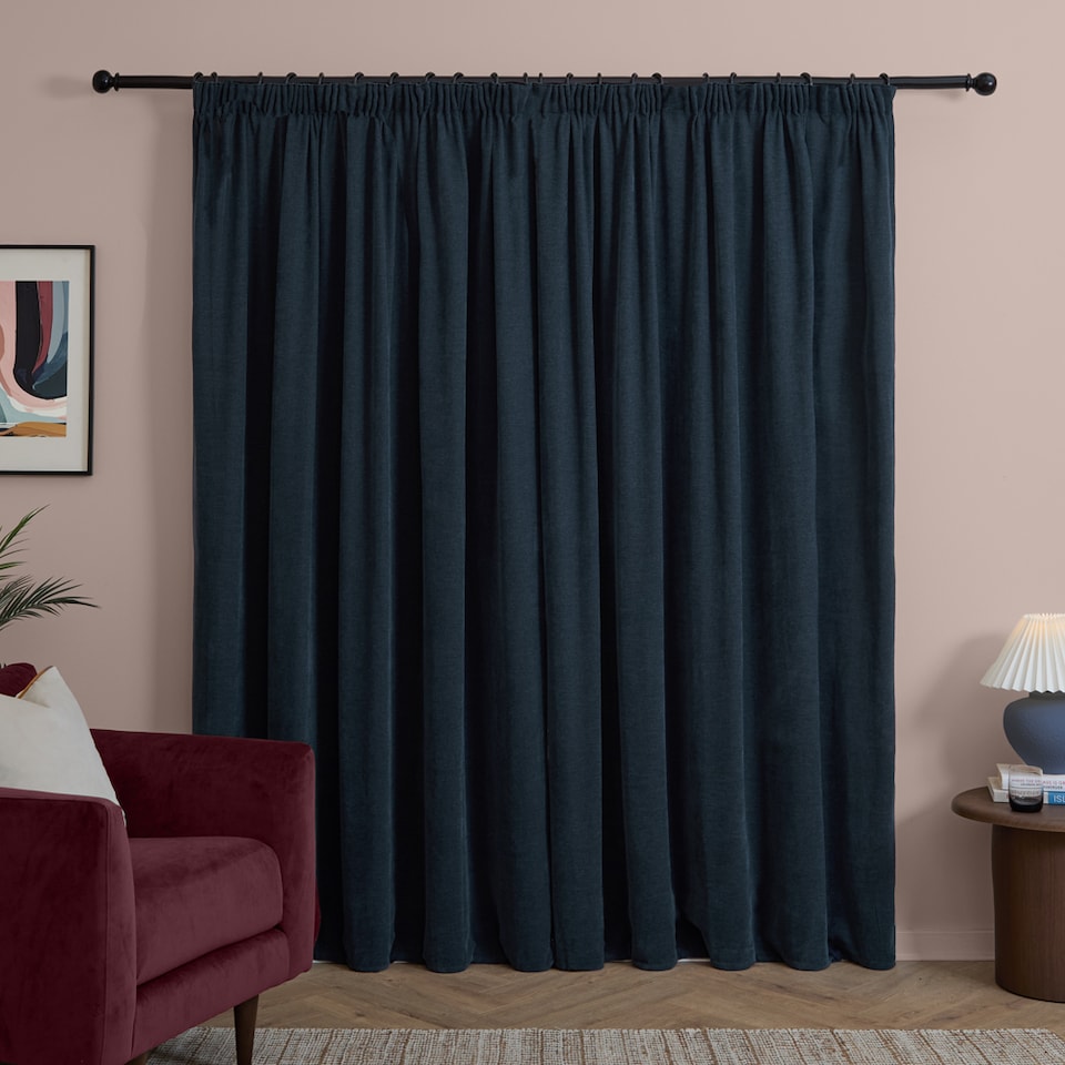 image 1 of Furn Soft Chenille Blackout Pencil Pleat Curtain Pair, 229cm width x 183cm drop | Blue | Navy | 1