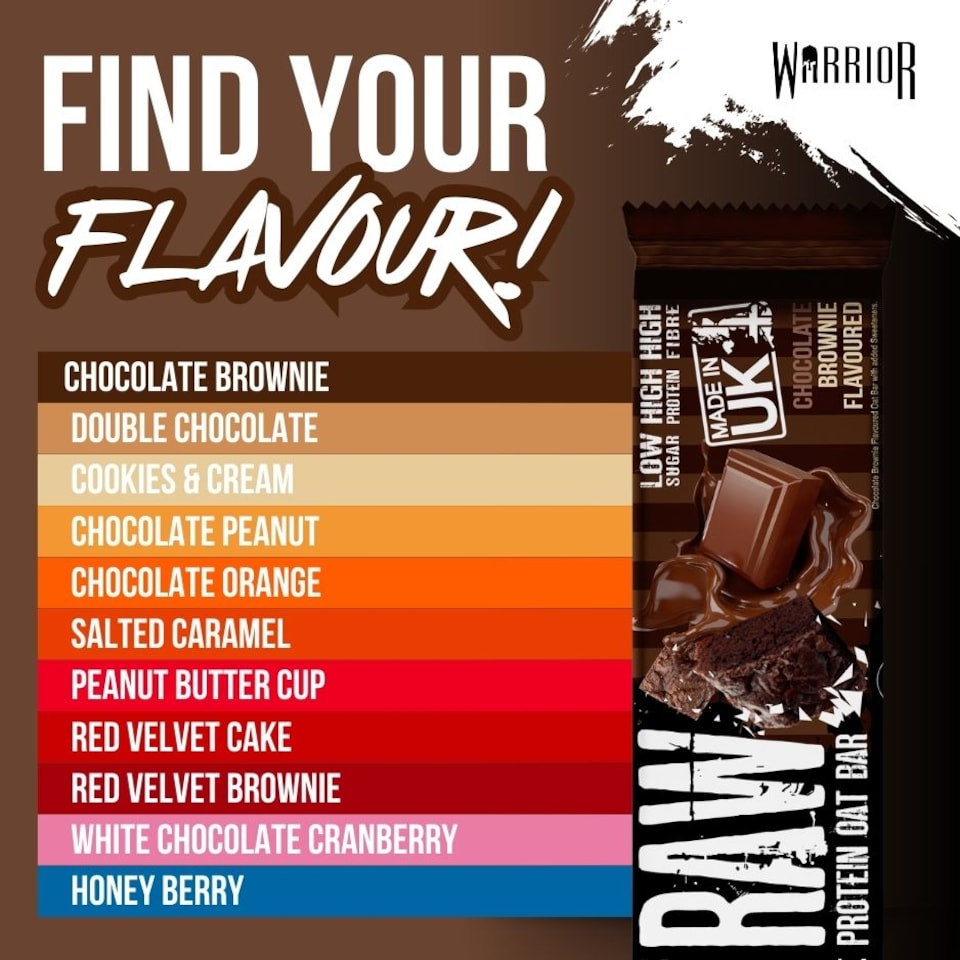 image 1 of Warrior RAW Protein Bars 12 x 75g – 20g High Protein Bar, Low Sugar High Fibre Oat Protein Flapjack – Protein Snacks, Meal Replacement Bars (Variety)