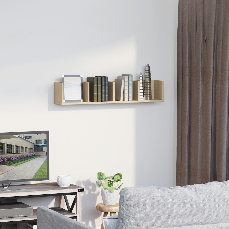 image 1 of HOMCOM Wooden Wall-Mounted Storage Media Display Shelf Center Rack, Natural