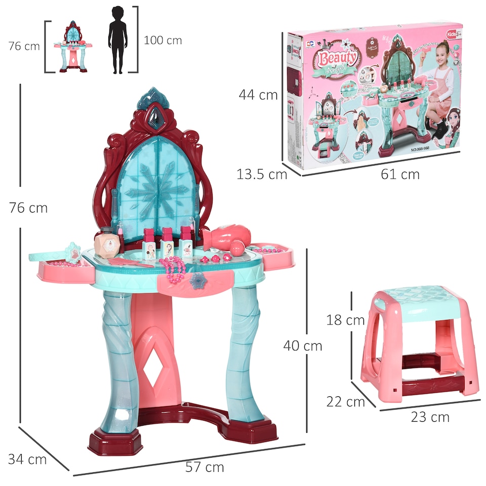 image 1 of AIYAPLAY 31 Pieces Kids Dressing Table Set with Magical Princess Mirror, Music Lights, Makeup Accessories, Hair Dryer, Chair, Drawer for Ages 3-6 Years