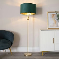 ValueLights Marissa Gold Stacked Ball Floor Lamp with Forest Green Velvet with Gold Inner Shade and LED Bulb