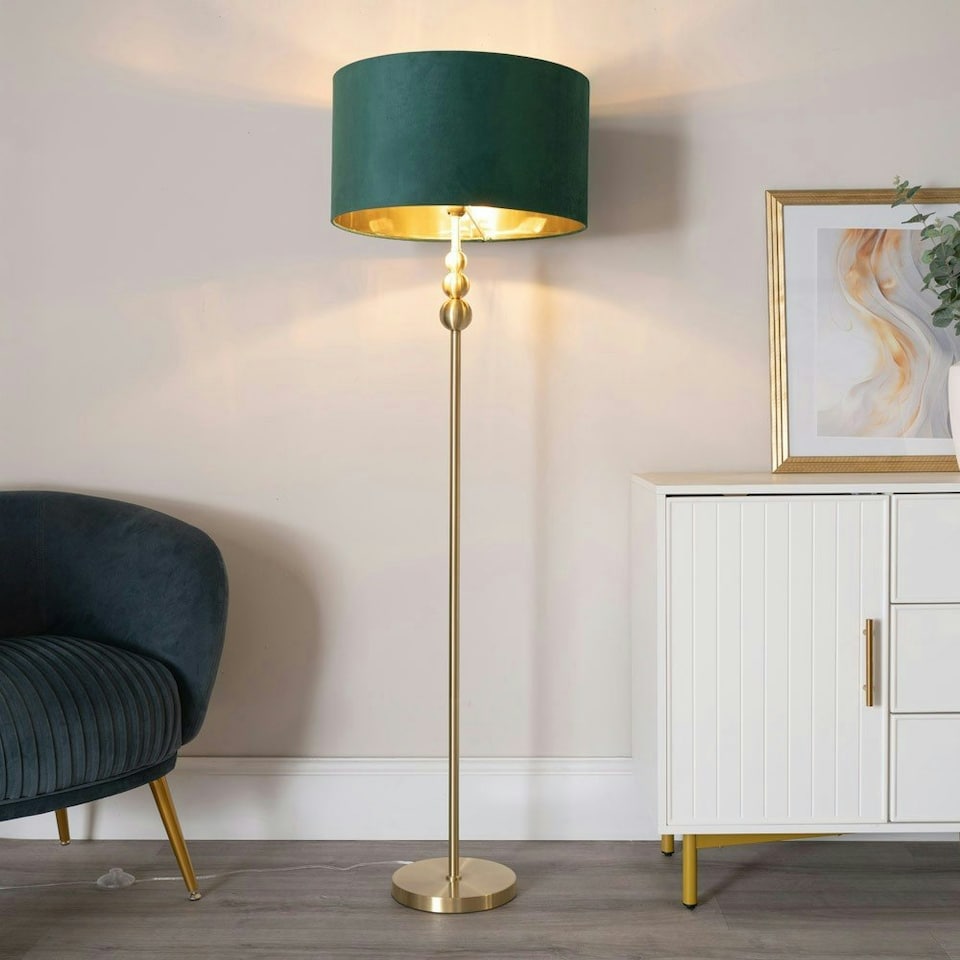 image 1 of ValueLights Marissa Gold Stacked Ball Floor Lamp with Forest Green Velvet with Gold Inner Shade and LED Bulb