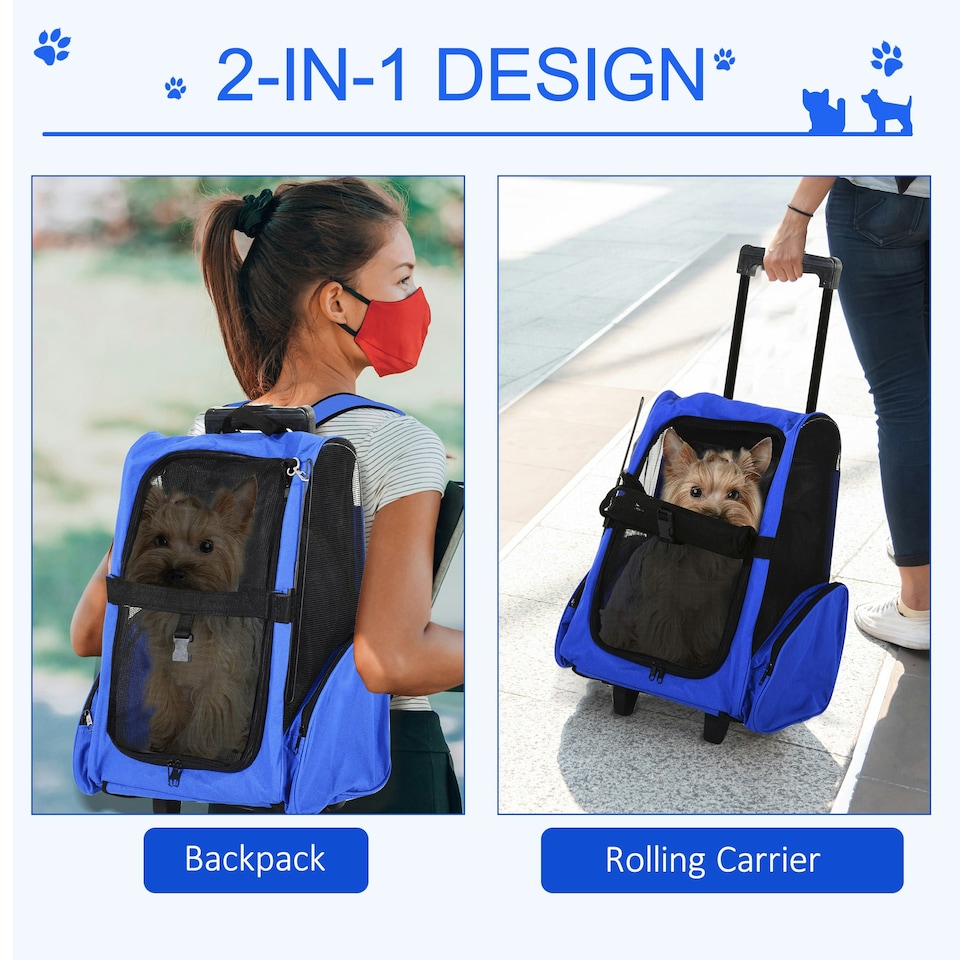 image 1 of PawHut Pet Travel Backpack Bag Cat Puppy Dog Carrier w/ Trolley and Telescopic