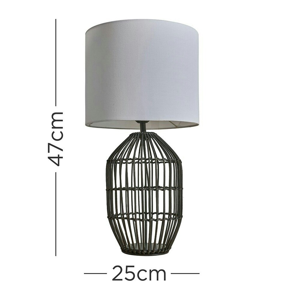 image 1 of ValueLights Contemporary Small Matt Black Rattan Cylinder Table Lamp with a White Cylinder Shade - Complete with a 6w LED GLS Bulb 3000K Warm White
