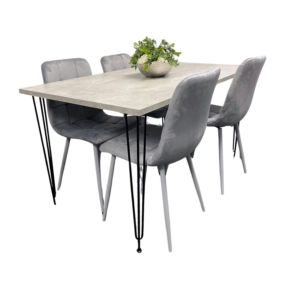 image 1 of Grey Dining Table with Hairpin Legs & 4 Grey Velvet Chairs Set for Kitchen & Dining Room Grey