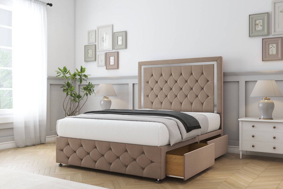 image 1 of Sloomy Sofia Chrome Mink Plush Divan Bed Base No Drawers With 54 Inch Floor Standing Headboard & 12 Inch Matching Footboard | Brown | Mink | Small Double | 1