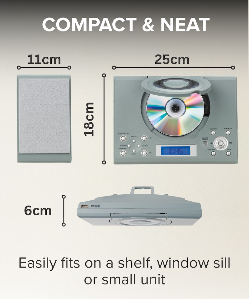 image 1 of CD Player with Speakers - HiFi System for Home with Radio, USB, MP3, Clock Alarm & Remote - Compact Stereo System with Wall Mount Design - Small CD Players for Home - GTMC-101